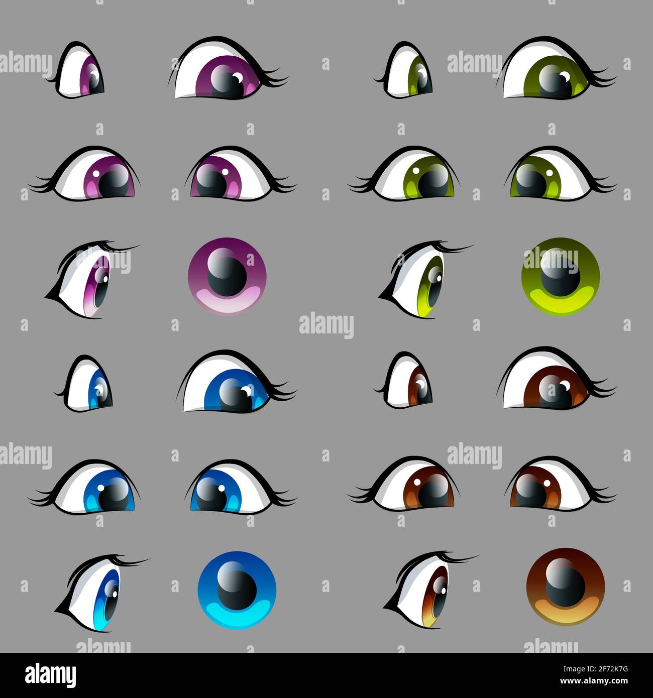 Ensemble de personnages de dessin animé yeux animés à différents angles de bleu, vert, violet, marron couleurs. Illustration vectorielle des yeux femelles et des yeux de bébé isolés de t Illustration de Vecteur