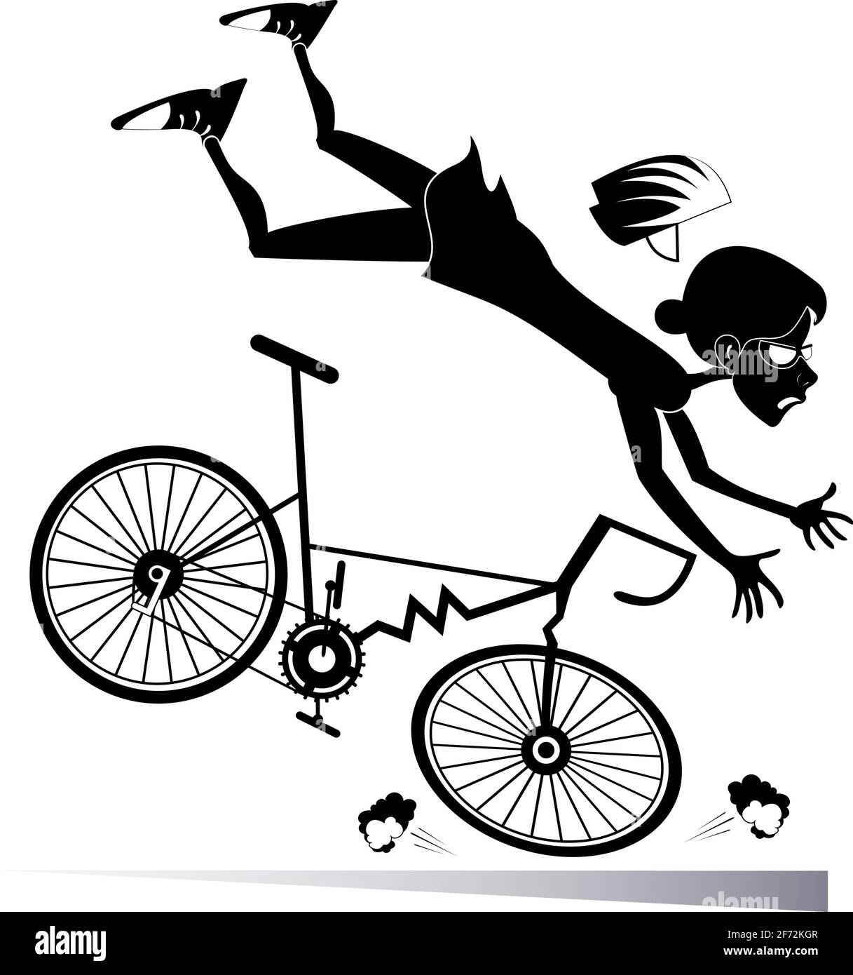 Femme cycliste tombant de l'illustration de vélo. Femme cycliste tombant du vélo cassé noir sur l'illustration blanche Illustration de Vecteur