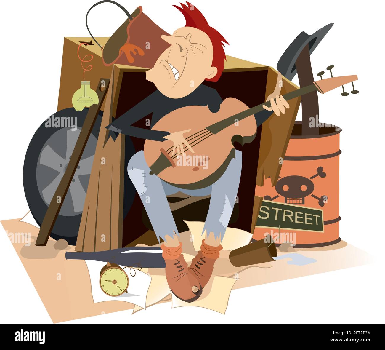 Hungry and Chilled Homeless joue de la guitare illustration. Triste mendiant avec guitare est sur la décharge d'élimination Illustration de Vecteur
