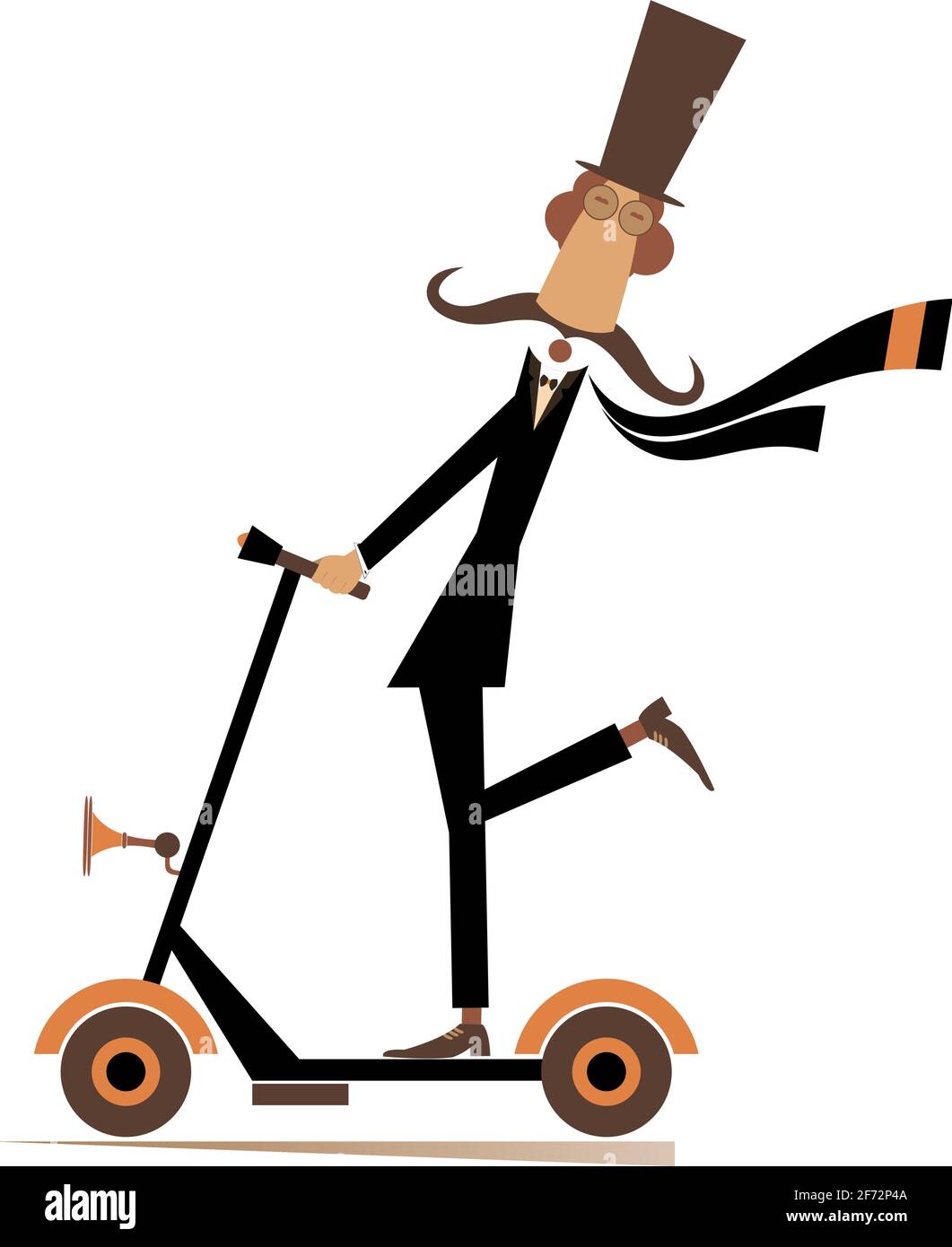 Long moustache gentleman dans le chapeau supérieur à cheval long moustache homme dans le chapeau de tête de voiture écologique urbain propre isolé sur blanc Illustration de Vecteur