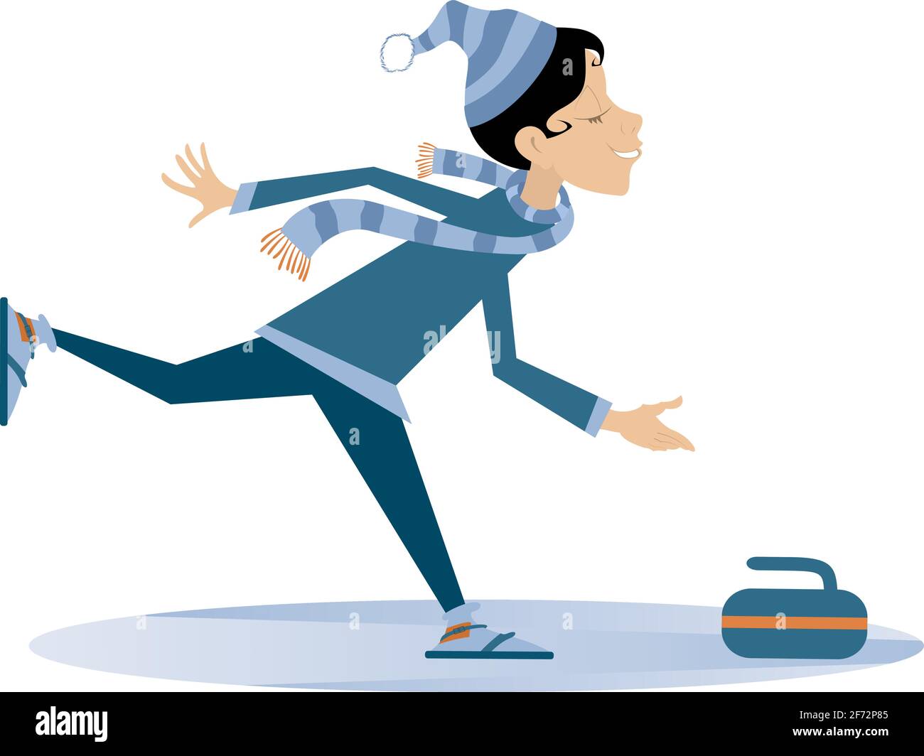 Une jeune femme souriante joue le curling illustration isolée la jeune femme pousse une pierre vers une cible isolée sur une illustration blanche Illustration de Vecteur