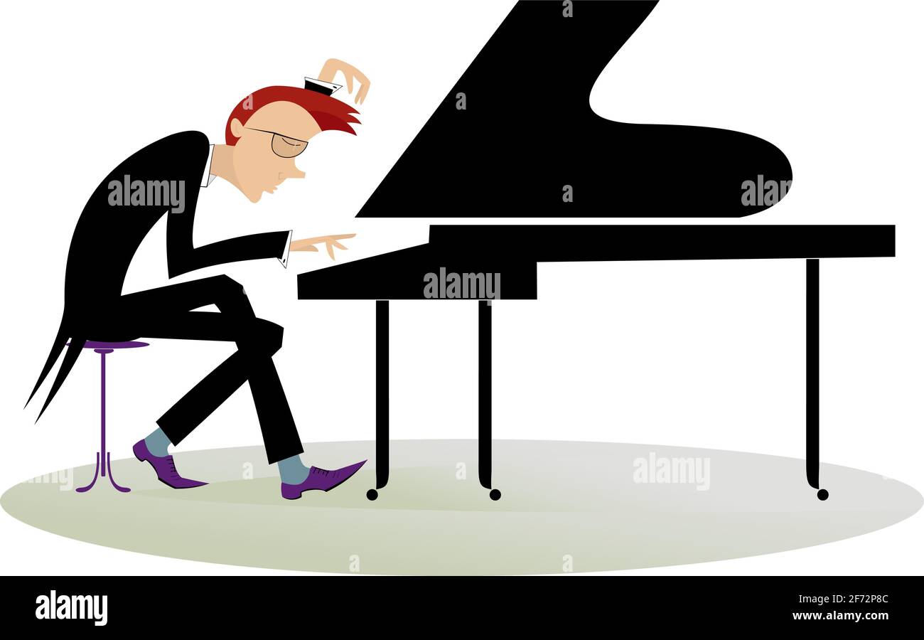 Pianiste homme en dessin de tailleurs noir pianiste expansif homme joue du piano avec une grande inspiration isolée sur blanc Illustration de Vecteur
