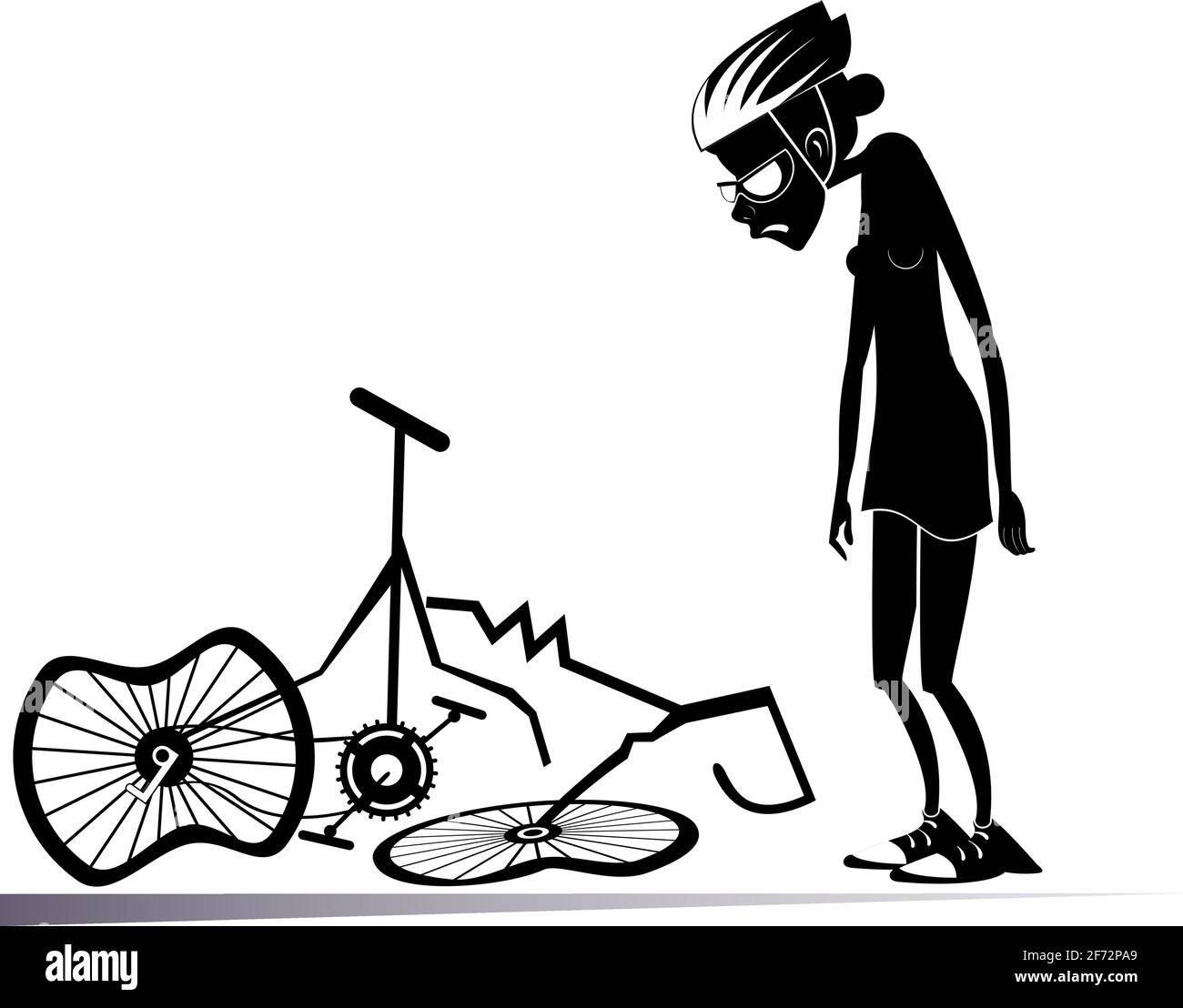 Femme cycliste et une illustration isolée de vélo cassé. Triste femme debout près d'un vélo cassé avec tête en fonte et mains noires sur blanc Illustration de Vecteur