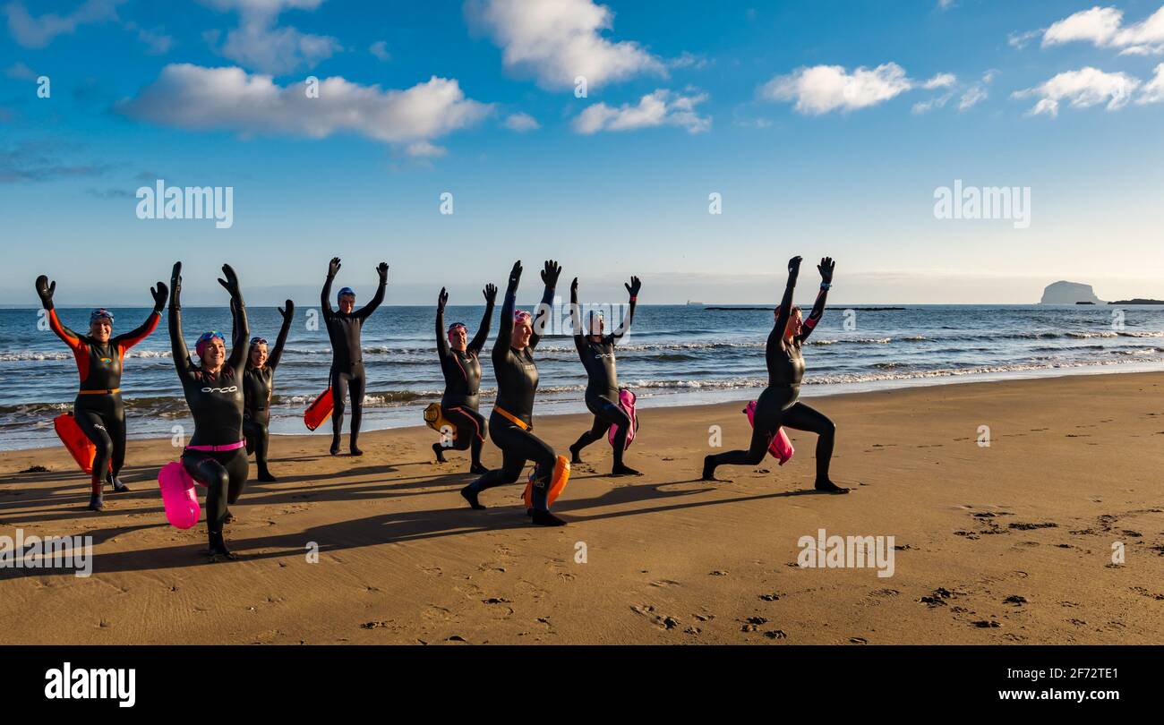 Un groupe de nageurs sauvages sur la plage avec le Bass Rock à l'horizon à Firth of Forth par une journée ensoleillée, North Berwick, East Lothian, Écosse, Royaume-Uni Banque D'Images