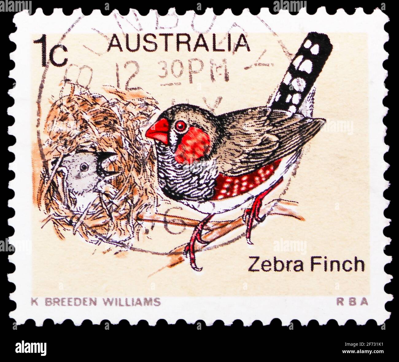 MOSCOU, RUSSIE - 12 JANVIER 2021 : le timbre-poste imprimé en Australie montre Zebra Finch (Poephila guttata), série d'oiseaux, vers 1979 Banque D'Images