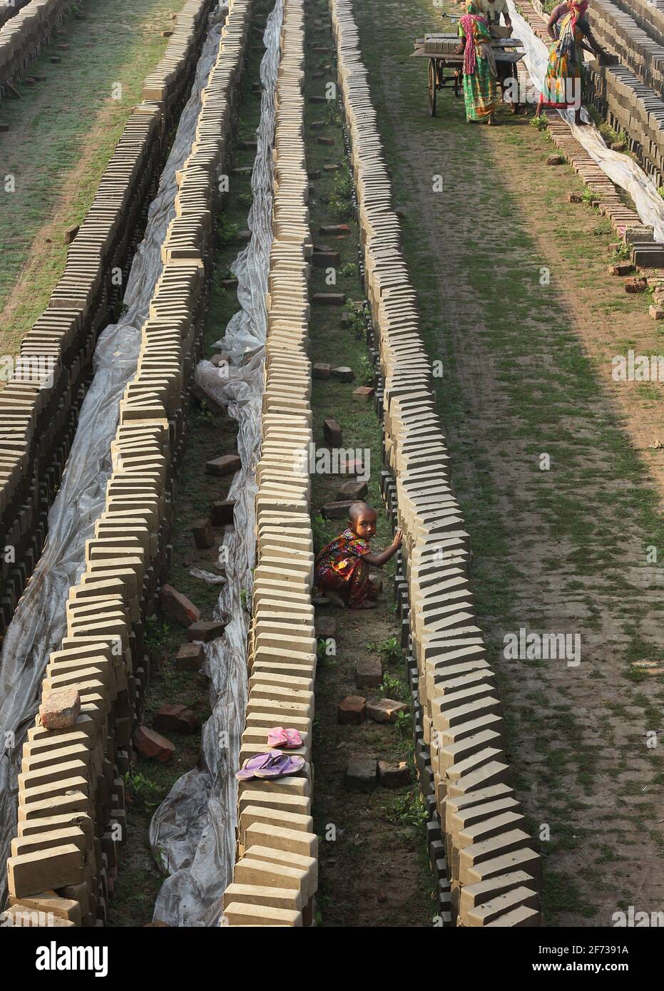 Un travailleur porte des briques au Brickfield à Khulna, au Bangladesh. Banque D'Images