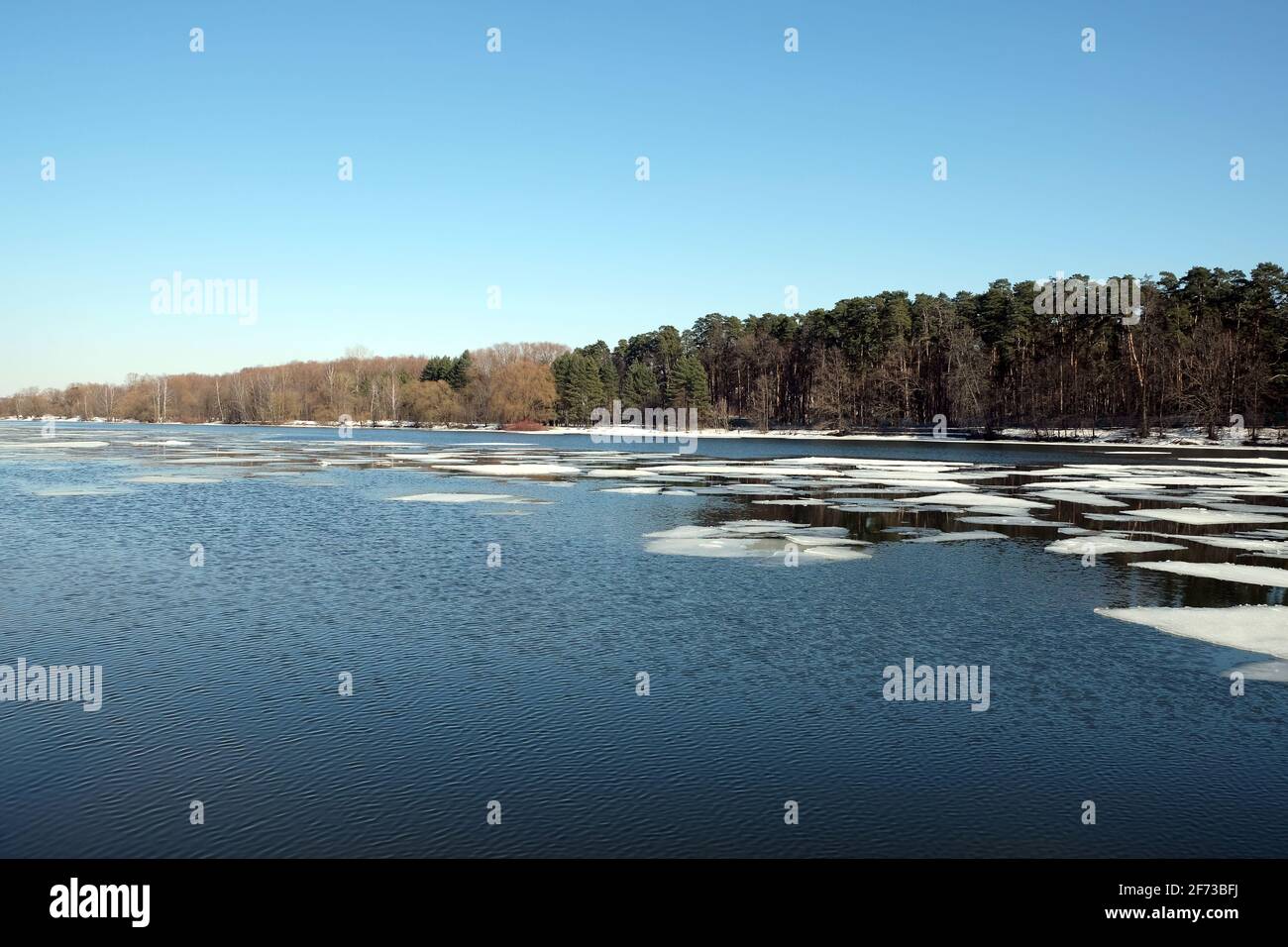 Paysage naturel avec eau libre et dérive de glace sur le rivière printanière et arbres forestiers sur la rive opposée sous l'ombre d'un nuage ciel bleu Banque D'Images