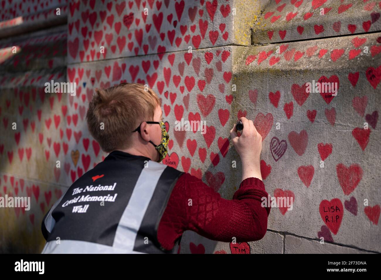 Londres, Royaume-Uni. 4 avril 2021. Un volontaire tire les coeurs le dimanche de Pâques sur un mur à Lambeth près de la Tamise, chaque cœur représentant une personne décédée pendant la pandémie de coronavirus au Royaume-Uni. Appelé le mur commémoratif national Covid, il a été créé par le groupe Covid-19 Bereaved Families for Justice avec des travaux qui débutent il y a une semaine et s'étendra sur un demi-mile à la fin. Credit: Stephen Chung / Alamy Live News Banque D'Images