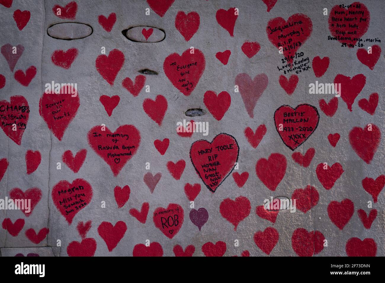 Londres, Royaume-Uni. 4 avril 2021. Dedications à la personne décédée à cœur le dimanche de Pâques sur un mur à Lambeth près de la Tamise, chaque cœur représentant une personne décédée pendant la pandémie de coronavirus au Royaume-Uni. Appelé le mur commémoratif national Covid, il a été créé par le groupe Covid-19 Bereaved Families for Justice avec des travaux qui débutent il y a une semaine et s'étendra sur un demi-mile à la fin. Credit: Stephen Chung / Alamy Live News Banque D'Images