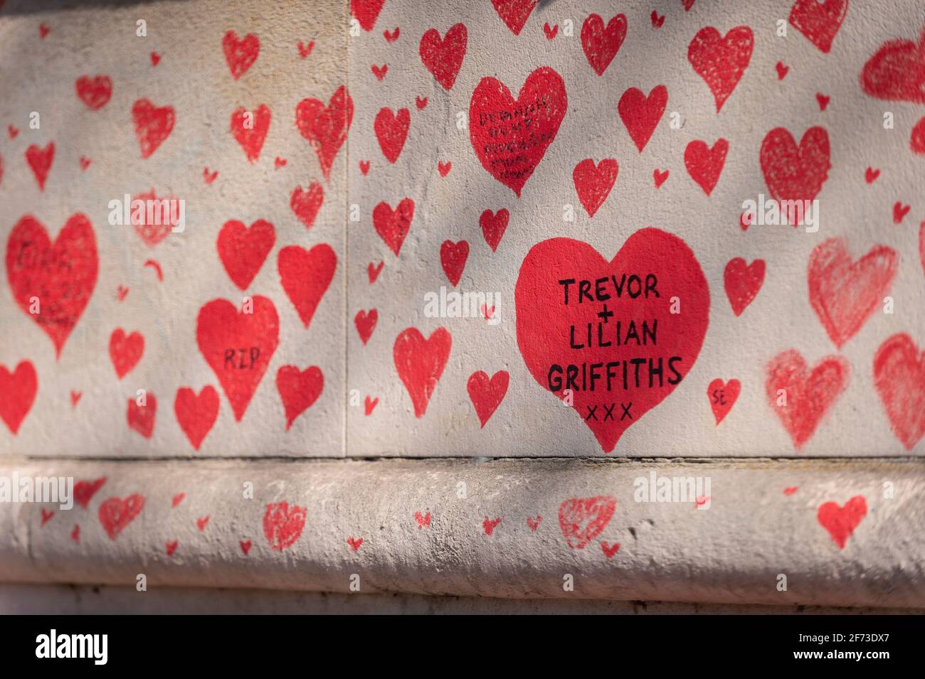 Londres, Royaume-Uni. 4 avril 2021. Dedications à la personne décédée à cœur le dimanche de Pâques sur un mur à Lambeth près de la Tamise, chaque cœur représentant une personne décédée pendant la pandémie de coronavirus au Royaume-Uni. Appelé le mur commémoratif national Covid, il a été créé par le groupe Covid-19 Bereaved Families for Justice avec des travaux qui débutent il y a une semaine et s'étendra sur un demi-mile à la fin. Credit: Stephen Chung / Alamy Live News Banque D'Images