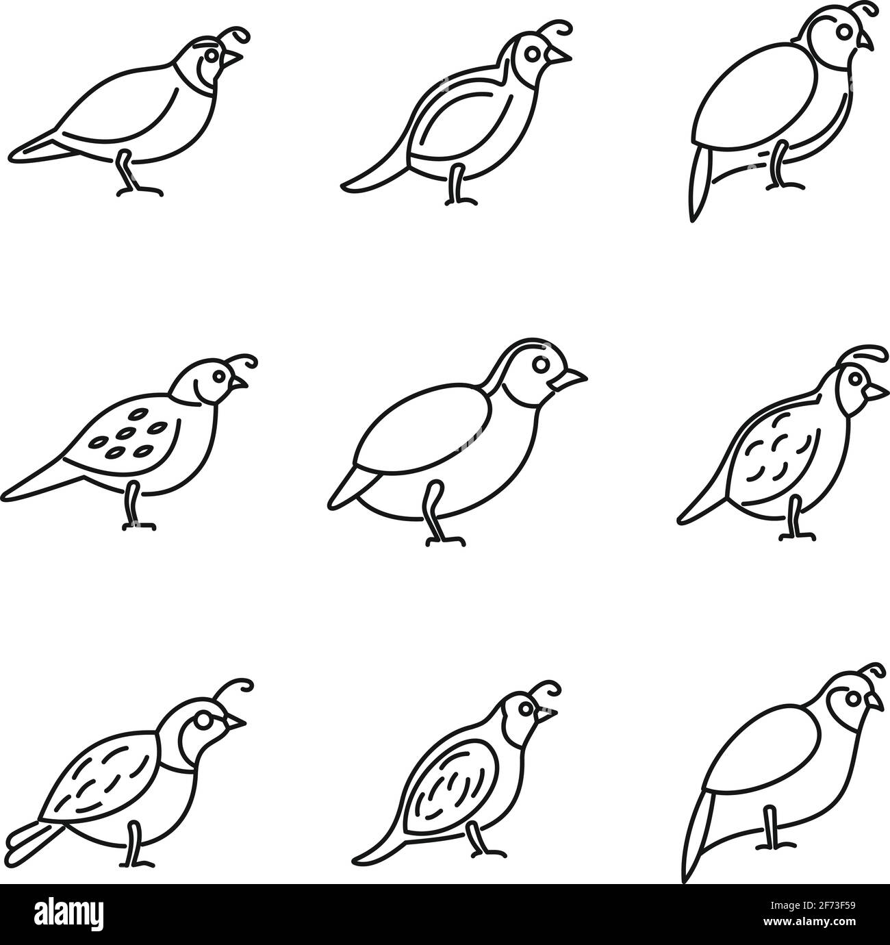 Jeu d'icônes d'oiseau de caille, style de contour Illustration de Vecteur