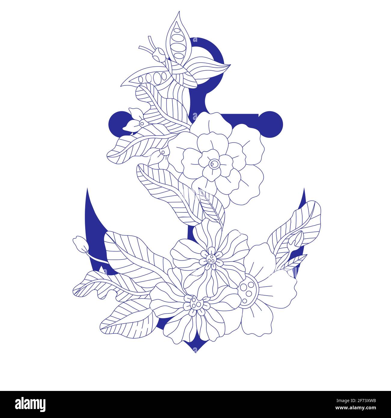 Ancre bleue décorée de fleurs bohème à l'enlinet, isolée sur fond blanc, concept marin. Illustration vectorielle dessinée à la main en vintage Illustration de Vecteur
