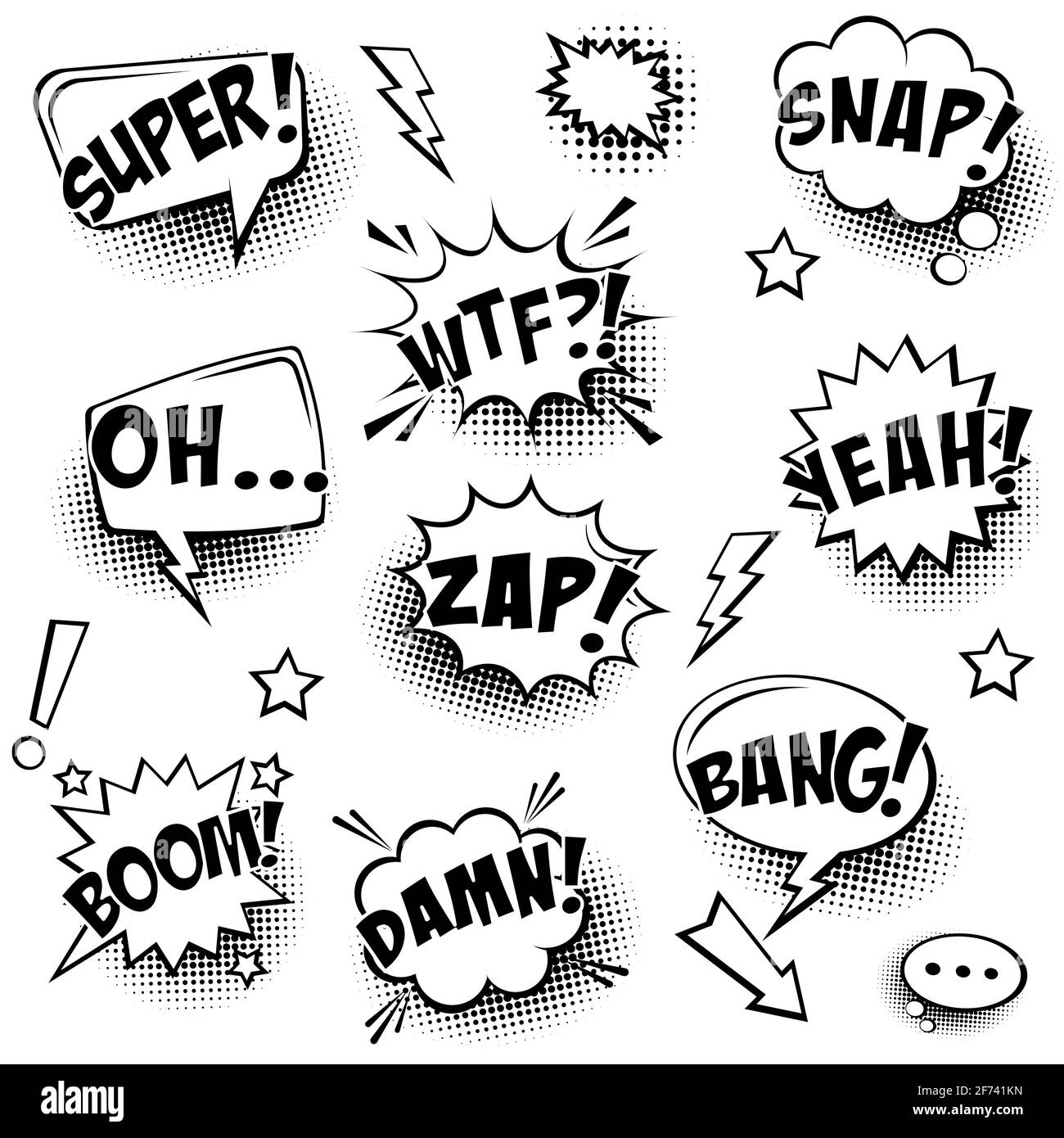 Bulles de langage comique avec ombres demi-teintes et texte isolé sur fond blanc. Autocollants de dessin animé rétro dessinés à la main. Style pop art. Vecteur Illustration de Vecteur