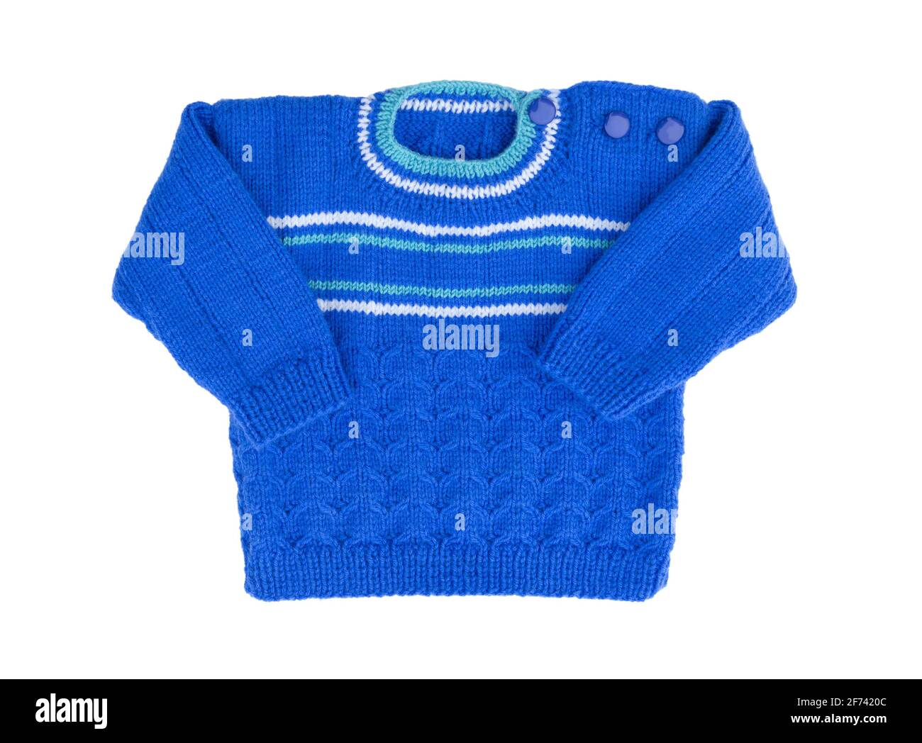 Pull isolé sur fond blanc. Pull chaud pour enfants. Pull hiver bleu chaud avec motif. Banque D'Images