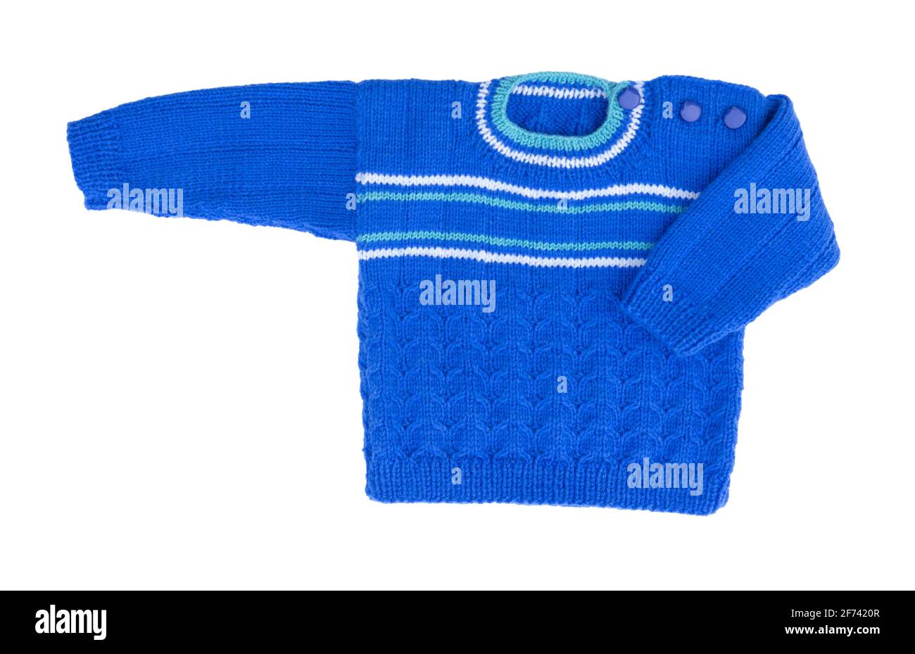 Pull isolé sur fond blanc. Pull chaud pour enfants. Pull hiver bleu chaud avec motif. Banque D'Images
