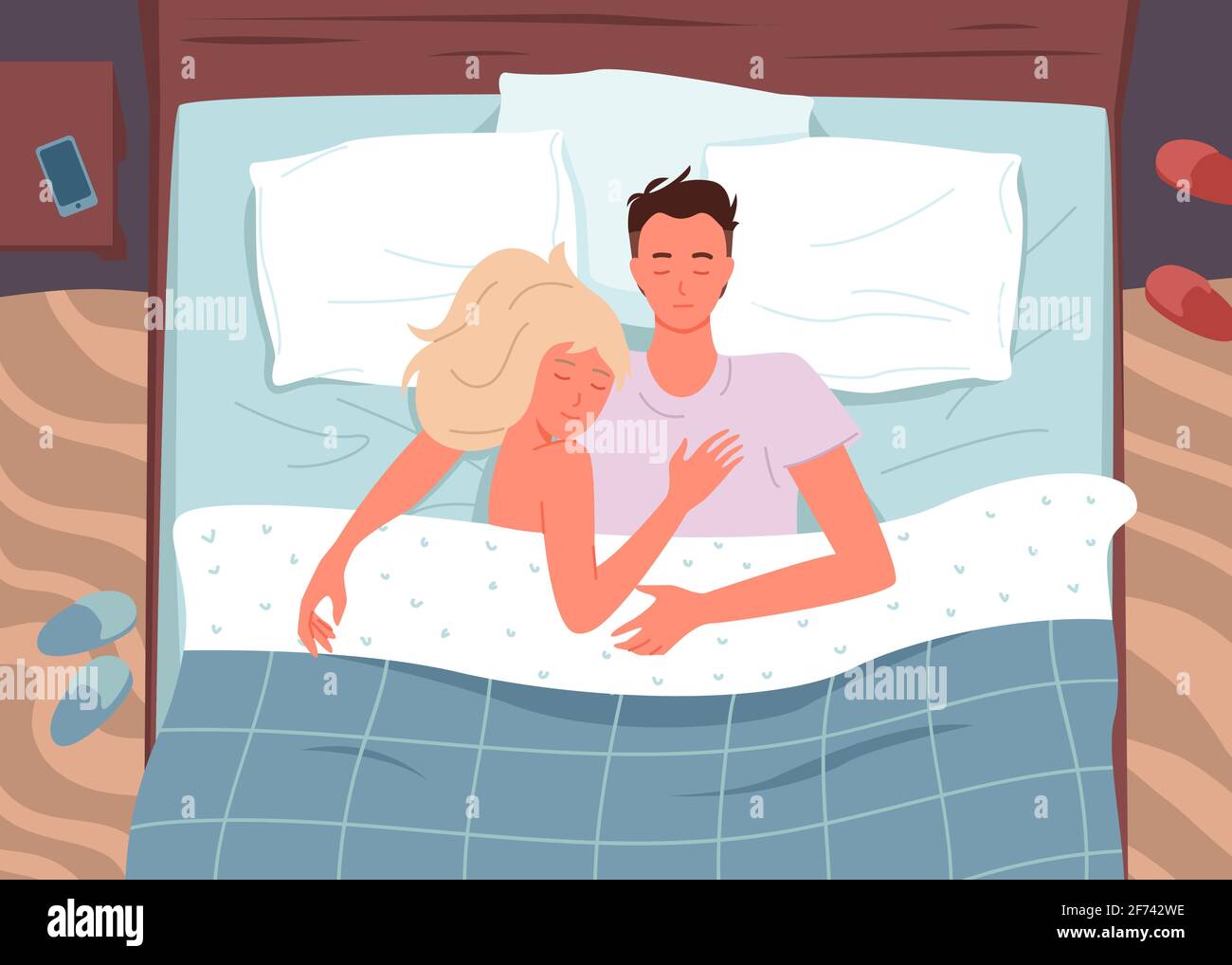 Couple personnes dorment dans le lit, homme marié femme dormant sur l'oreiller sous la couverture, embrassant Illustration de Vecteur