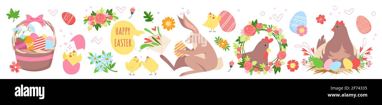 Ensemble de pâques mignon, collection de printemps drôle avec lapin animal, poule dans le nid, panier avec oeufs Illustration de Vecteur