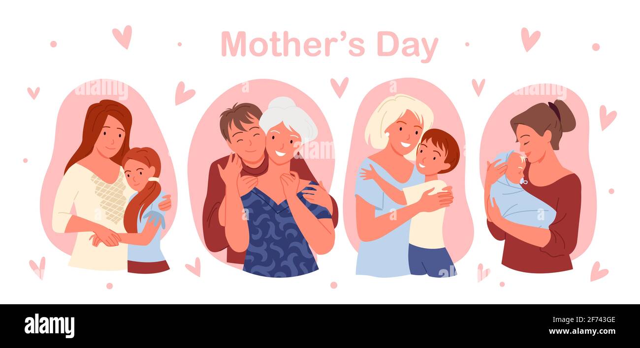 Happy Mothers Day concept avec mignon famille gens amour, soin et hug vecteur d'illustration ensemble. Dessin animé enfant fils et fille embrassant la mère Illustration de Vecteur