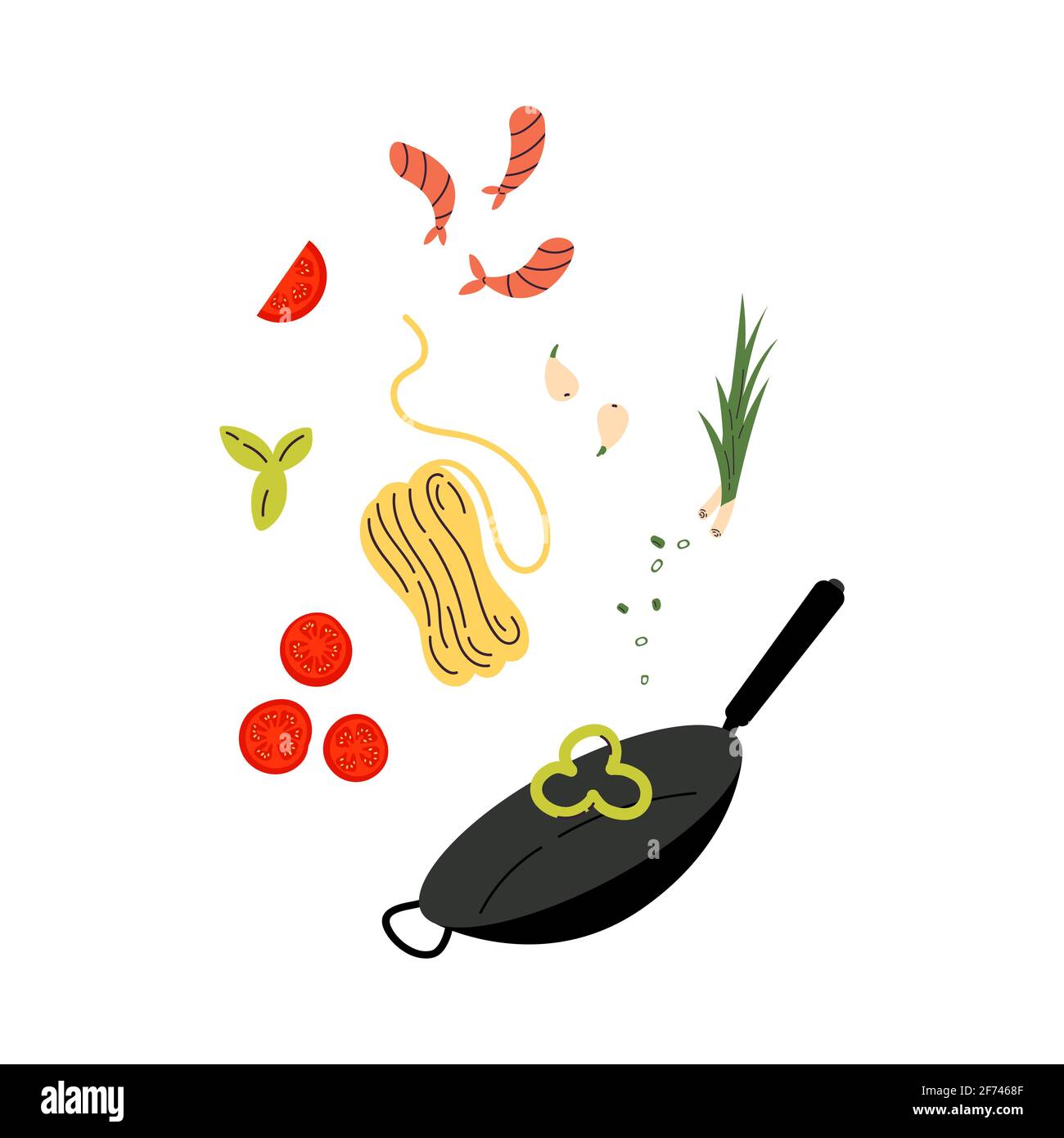 Wok pot. Nouilles aux ingrédients traditionnels Illustration de Vecteur