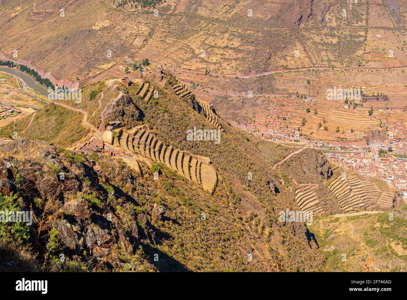 Paysage aérien des ruines incas de Pisac, Cusco, Pérou. Banque D'Images