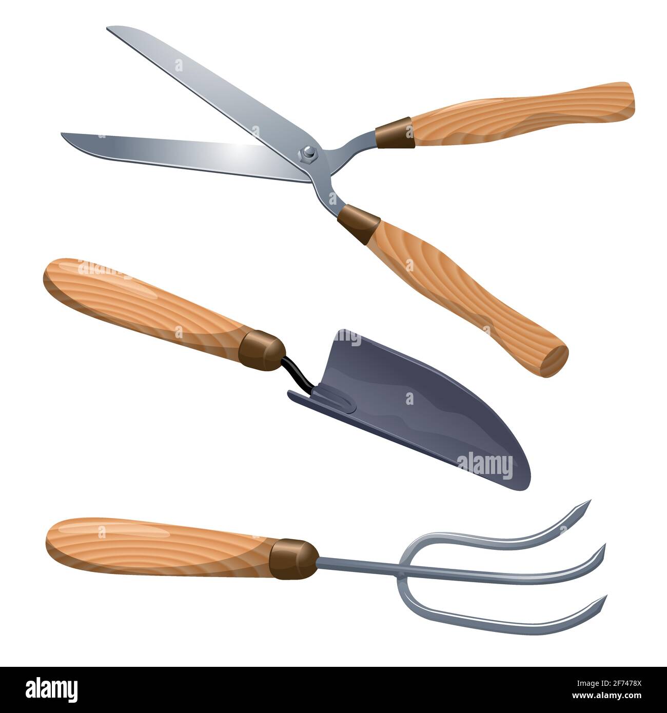 Ensemble d'éléments de conception vectoriels pour outils de jardin. Ciseaux à truelle, à râteler et à jardiner. Illustration de Vecteur
