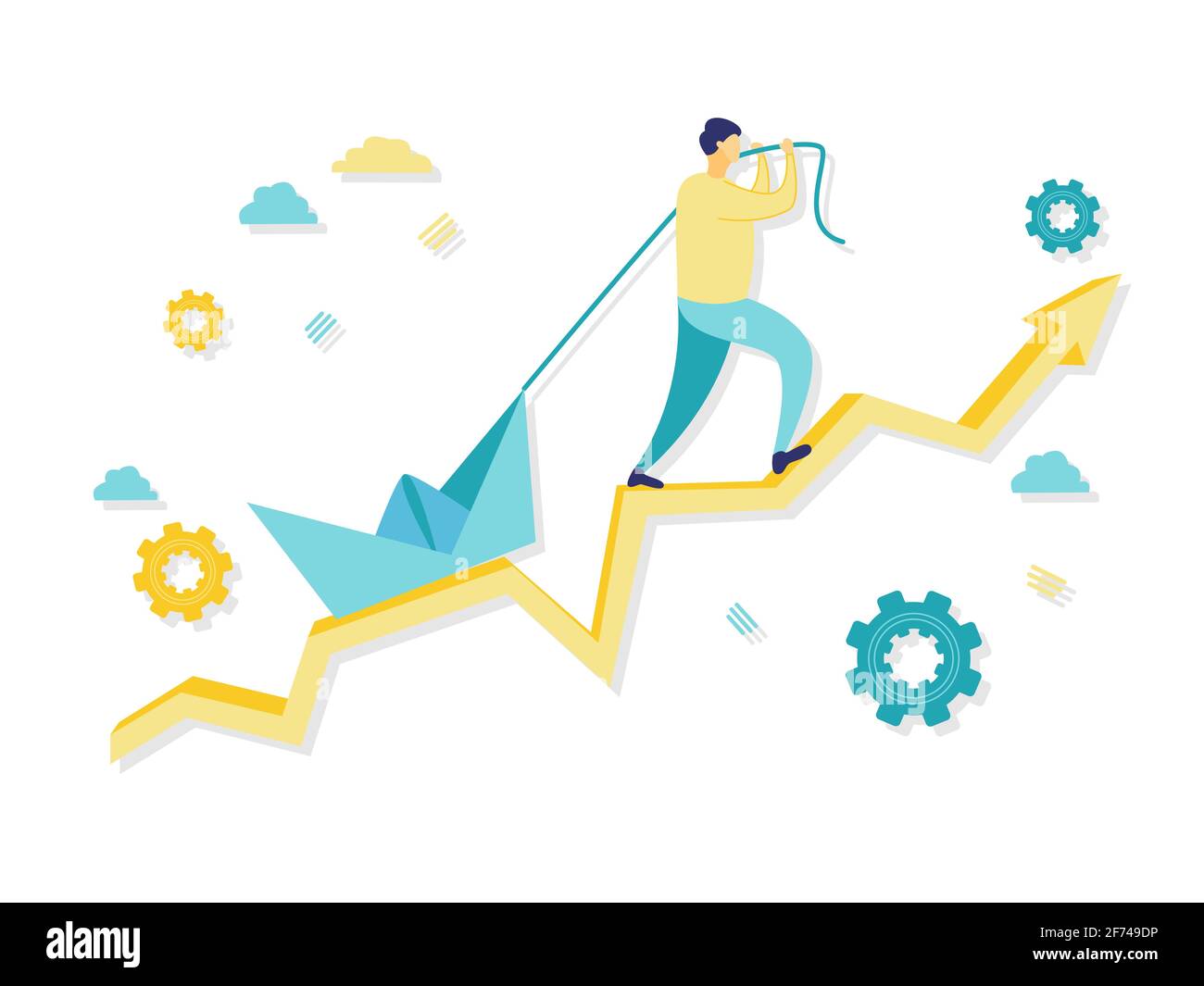 Illustration plate d'un homme d'affaires tirant un bateau sur un graphique linéaire. Belle illustration plate en bleu et jaune. Concepts commerciaux et financiers. Illustration de Vecteur