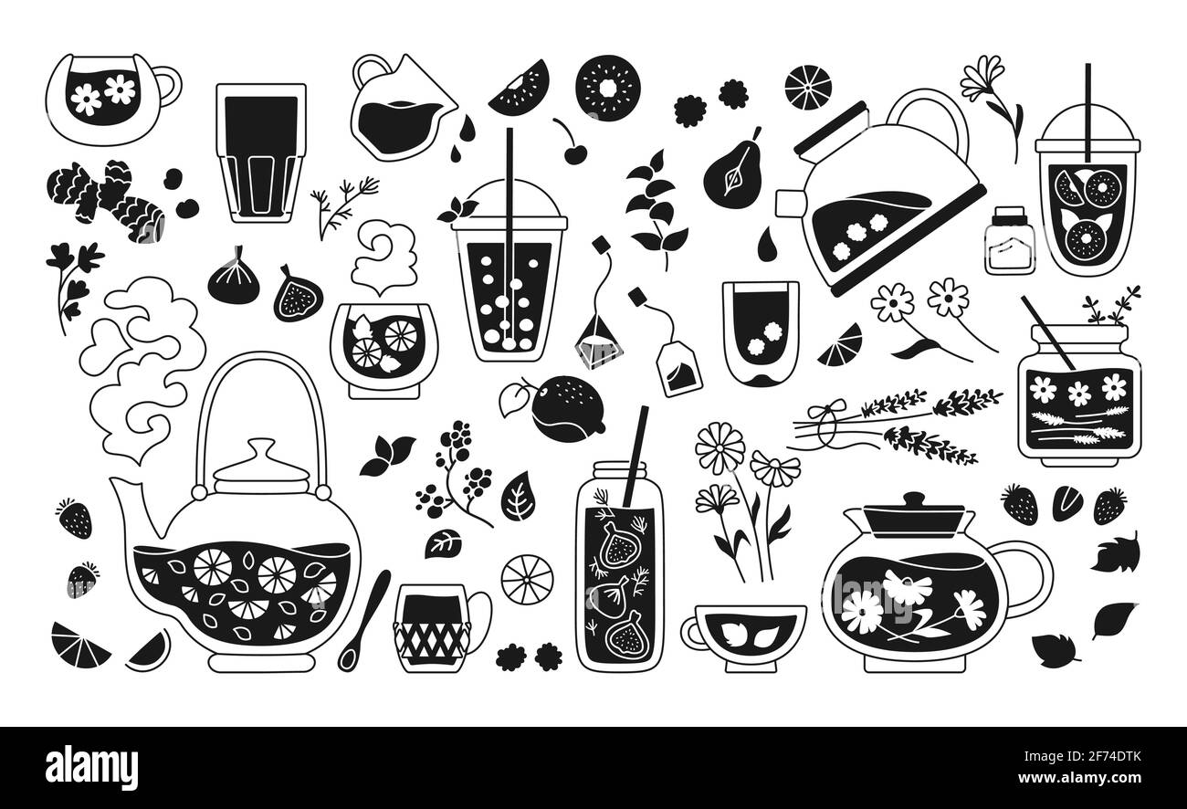 Tasse de thé, cocktails glyphes noir et blanc. Tasse thé thé thé théière et herbes, ingrédients de fruits pour les boissons. Été fleurs dessinées à la main, baies pot pour affiche. Illustration vectorielle tendance au design plat Illustration de Vecteur
