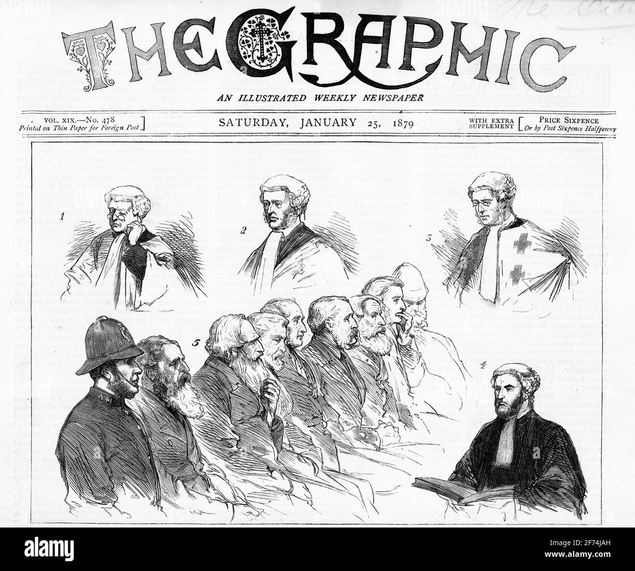 Gravure des personnages principaux dans le procès des directeurs de la ville de Glasgow Bank à Édimbourg, 1879 - 1 et 2 Lords Muir et Craighill, 3 Lord Moncrief, président de la Cour, 4 le Lord Advocate, avocat principal de la Couronne, 5 les prisonniers Banque D'Images