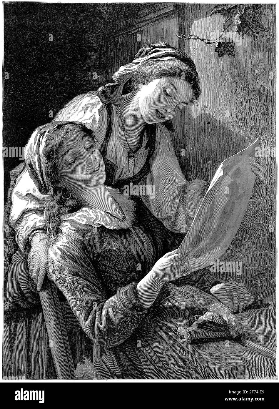 Gravure de deux jeunes femmes en train de découvrir les dernières tendances Dans un magazine de l'ère Victoiran Banque D'Images