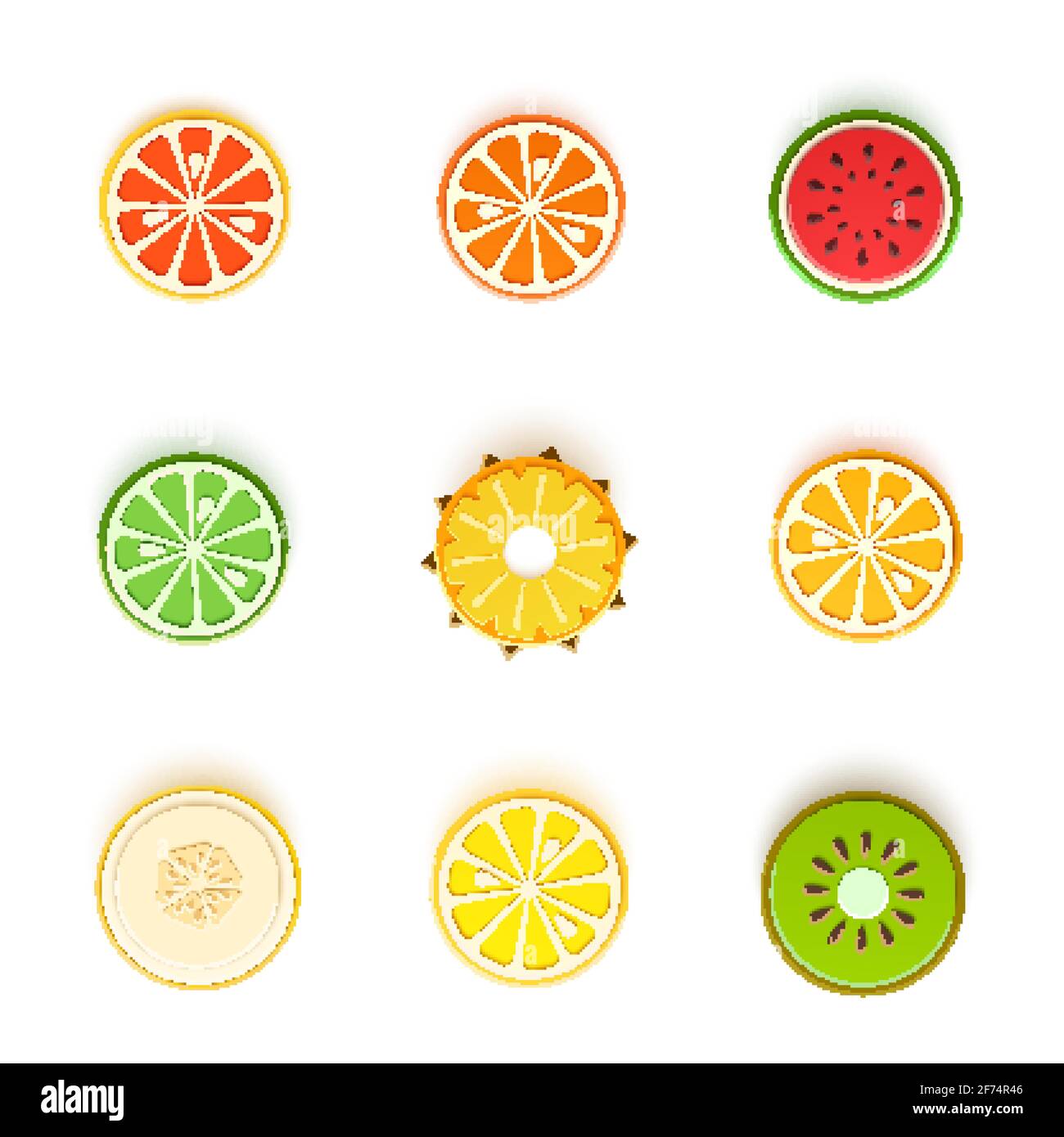 Ensemble de fruits ronds tropicaux coupés en papier. Cercle de tranches orange d'agrumes, mandarine, ananas, lime, citron, pamplemousse, melon, pastèque, kiwi Illustration de Vecteur