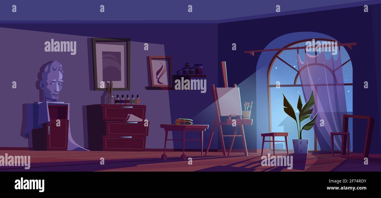 Studio d'artiste la nuit, intérieur de chambre vide avec des objets d'art toile sur chevalet, peinture, pinceaux et crayons de couleur sur bureau en bois, tête en plâtre, cadres pour les images, plante en pot dessin vectoriel de dessin animé Illustration de Vecteur