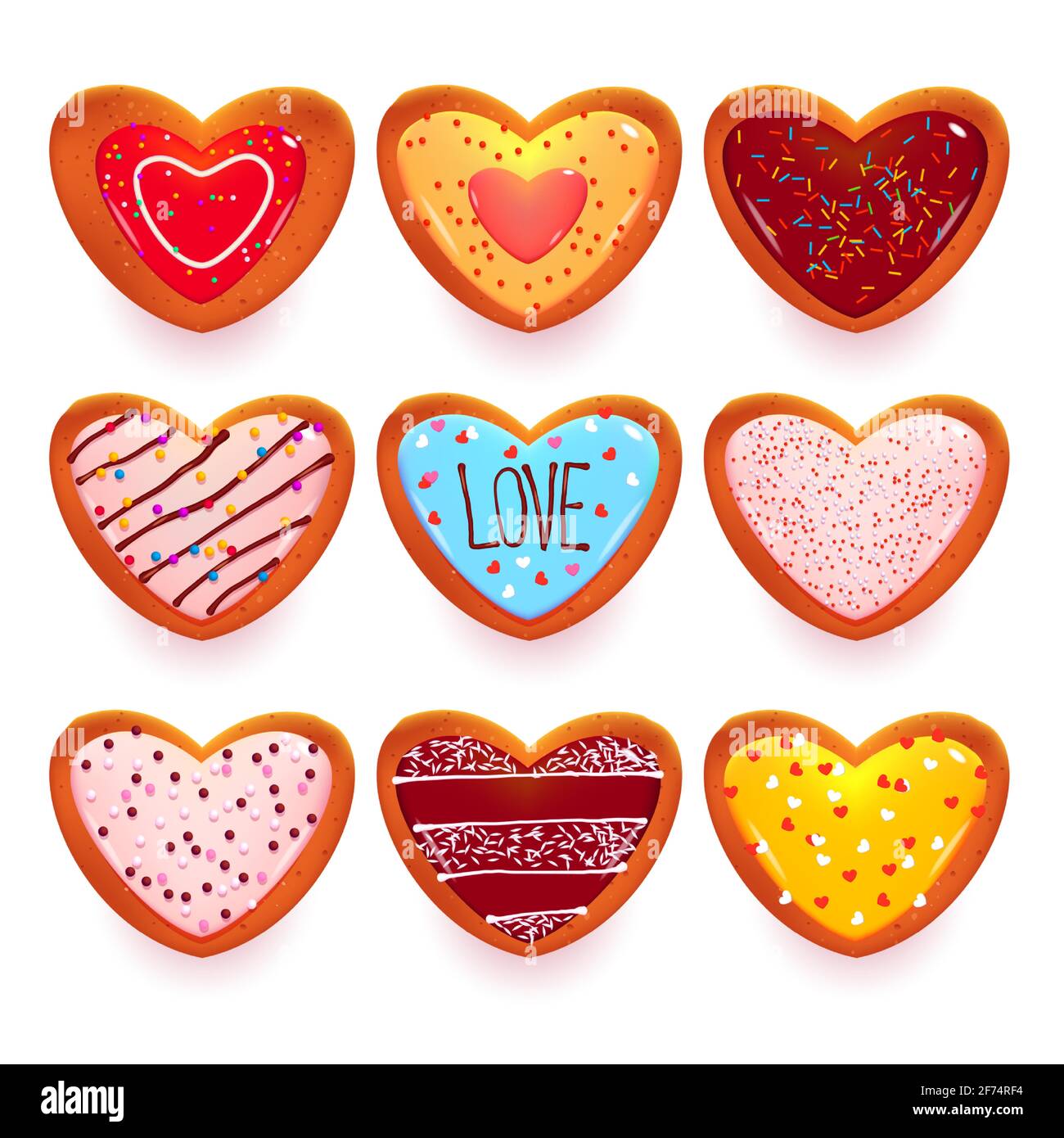Biscuits de pain d'épice en forme de coeur, bonbons de dessins animés pour la Saint Valentin ou dating. Pâtisserie décorée avec glaçage et saupoudrage, symboles d'amour isolés sur fond blanc, illustration vectorielle, ensemble Illustration de Vecteur