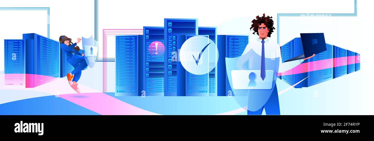 les ingénieurs qui utilisent la protection des serveurs de base de données des ordinateurs portables la sécurité de la confidentialité des big data concept horizontal Illustration de Vecteur