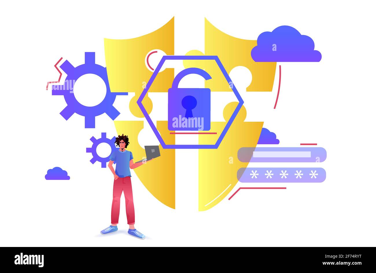 homme afro-américain utilisant des données de protection d'application d'ordinateur portable concept de sécurité de la confidentialité Illustration de Vecteur