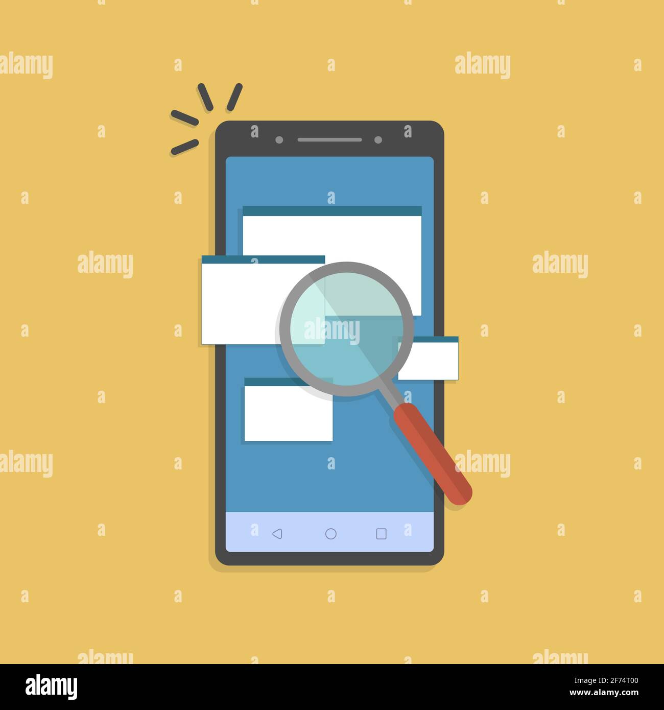 Analyse en ligne de la vérification de la loi documents juridiques, trouver ou rechercher sur le téléphone cellulaire. Numérisation ou inspection de documents de dossiers sur un téléphone portable. Illustration de Vecteur