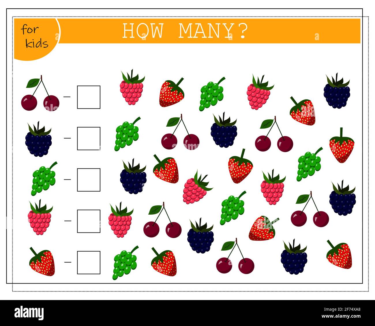 Jeu de maths pour les enfants comptent combien il y en a. Framboises, fraises, mûres, raisins, cerises. Illustration de Vecteur