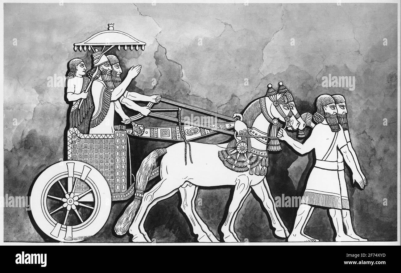 Illustration de Tiglath-Pileser III, roi d'Assyrie, dans son char; d'un ensemble d'affiches scolaires utilisées pour les études sociales, c 1930. Basé sur un bas-relief sur les murs du palais de Tiglath-Pileser III, découvert à Calah (Nimrud). Banque D'Images