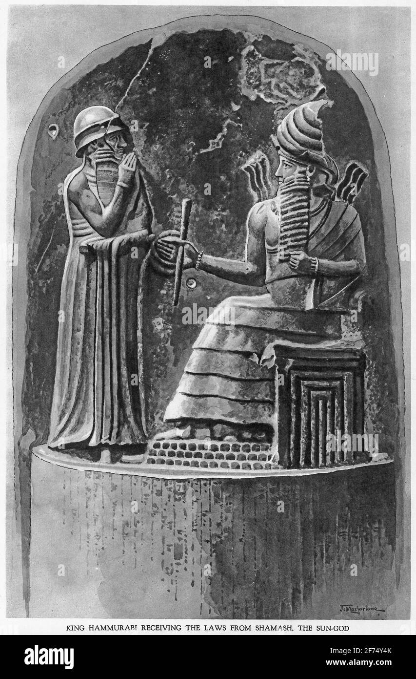 Illustration du roi babylonien Hammurabi qui reçoit la loi de Shamash le soleil-dieu, d'un ensemble d'affiches scolaires utilisées pour les études sociales, c 1930 Banque D'Images