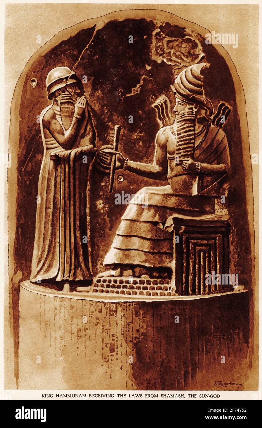 Illustration du roi babylonien Hammurabi qui reçoit la loi de Shamash le soleil-dieu, d'un ensemble d'affiches scolaires utilisées pour les études sociales, c 1930 Banque D'Images