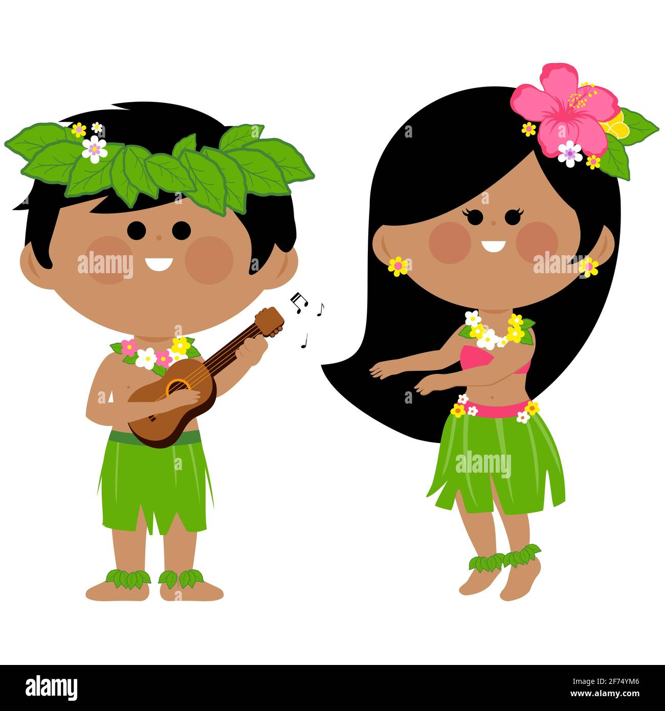 Enfants hawaïens jouant de la musique et dansant de la hula. Banque D'Images
