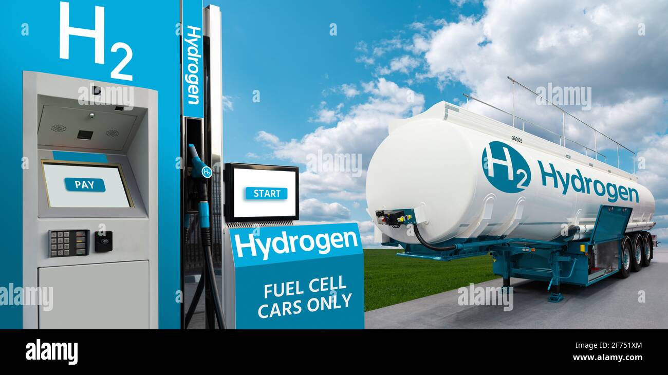 Remorque-citerne avec station de remplissage d'hydrogène et H2 sur fond de champ vert et ciel bleu. Énergies renouvelables Banque D'Images
