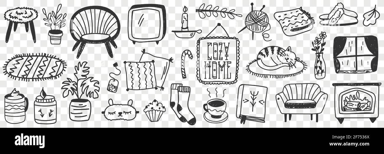 Maison confortable accessoires ensemble de doodle. Collection de mobilier dessiné à la main chaises bougies photo chaussettes tricotage thé chat et plantes isolées sur fond transparent Illustration de Vecteur