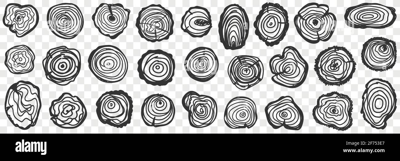 Fellings of Tree pattern Doodle Set. Collection de dessin à la main divers sentiments des arbres silhouettes modèle naturel isolé sur fond transparent Illustration de Vecteur