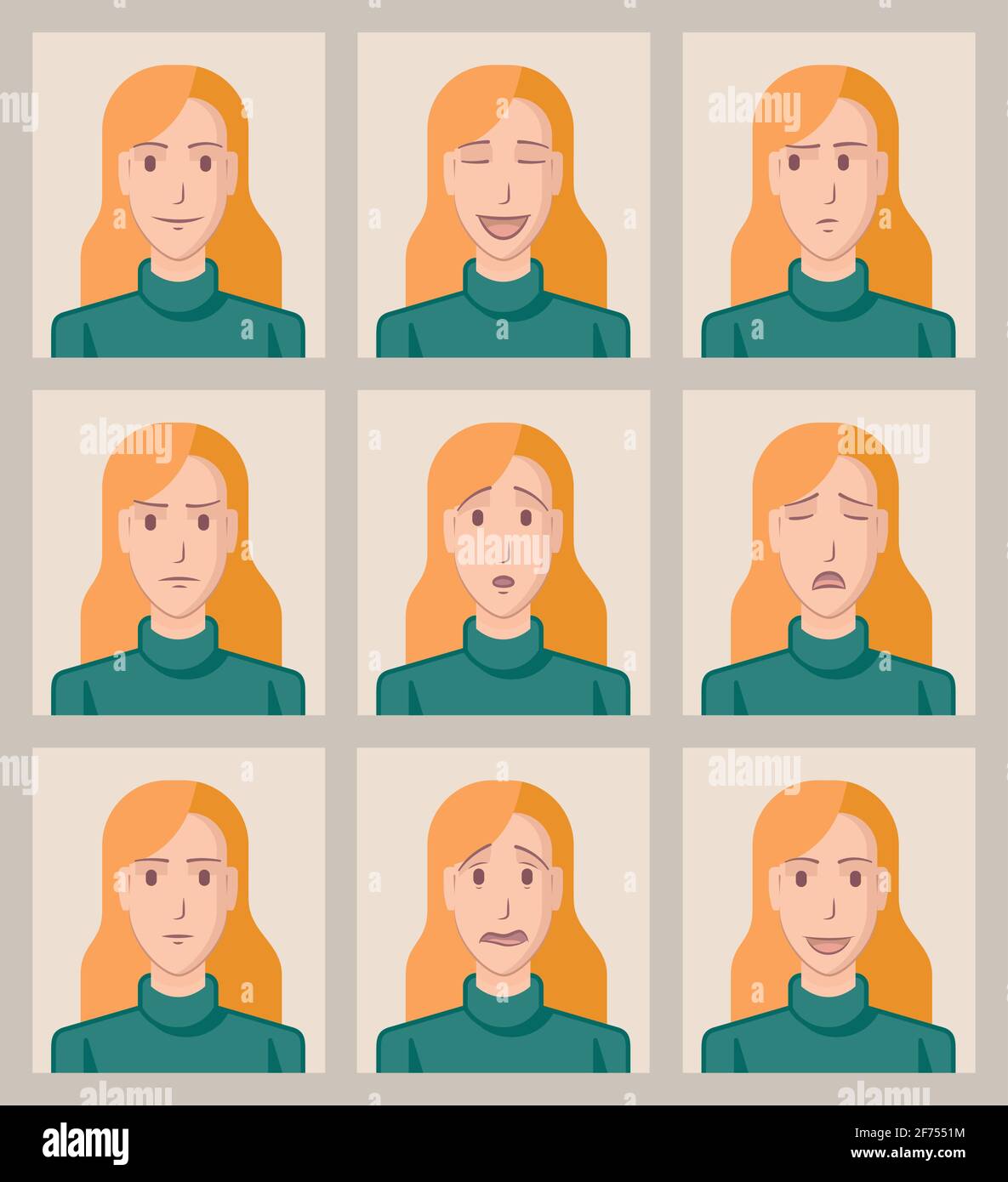 Neuf dessins d'une jeune femme avec différentes expressions du visage. Illustration de Vecteur