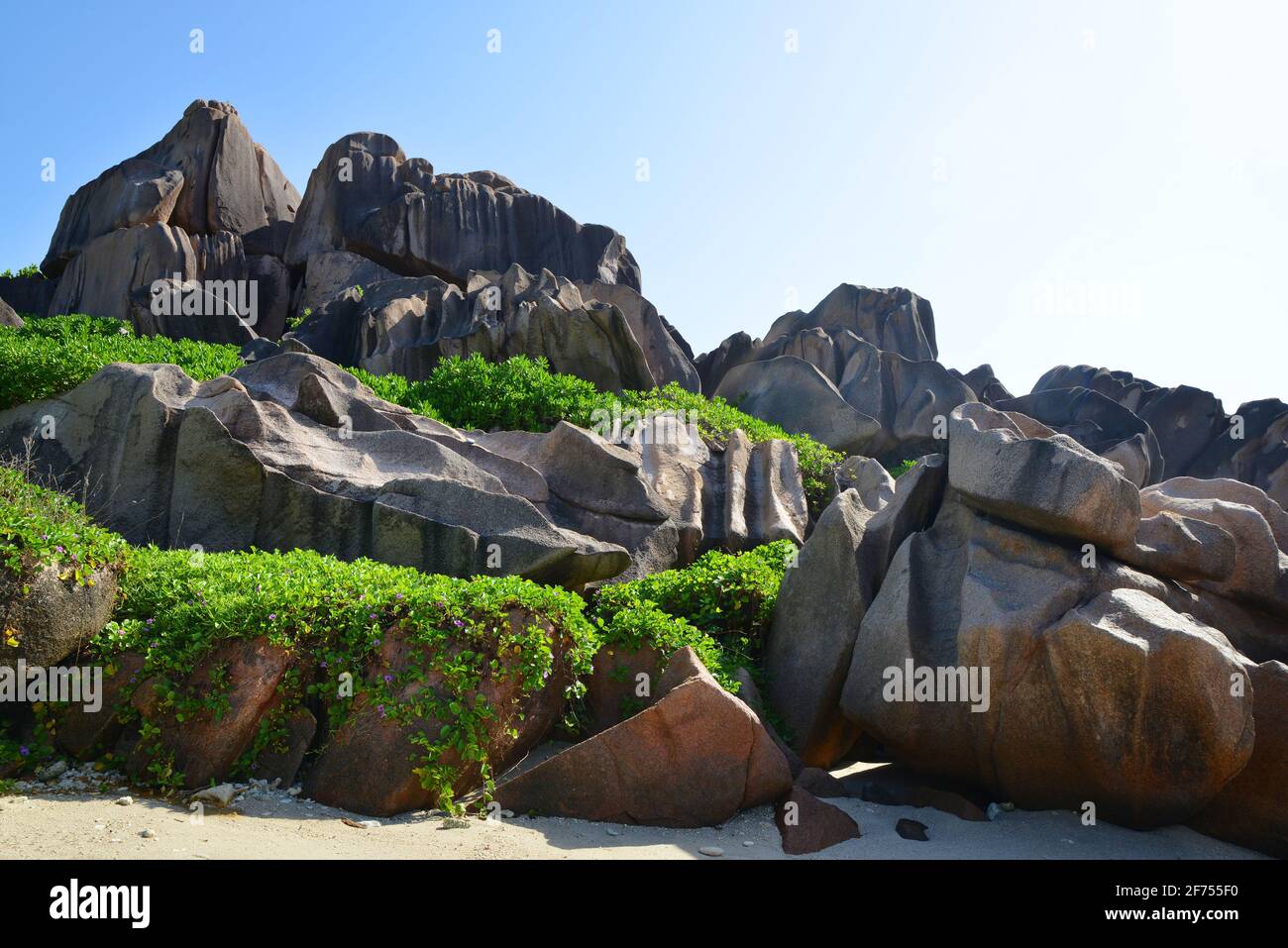 De grandes roches de granit près d'Anse Songe. Île de la Digue, Seychelles. Banque D'Images