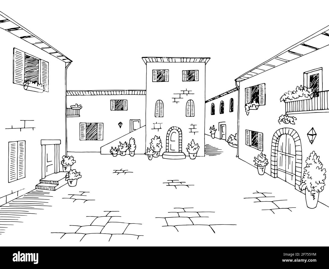 Vieille ville carré rue graphique noir blanc ville paysage esquisse vecteur d'illustration Illustration de Vecteur