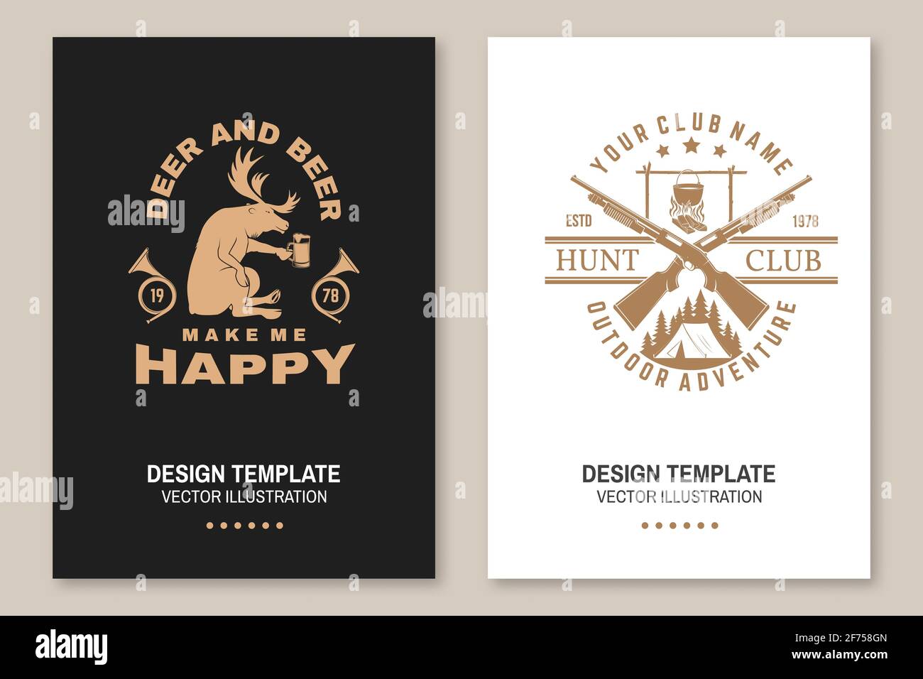 Cerf et bière me rendent heureux. Vector Flyer, brochure, bannière, affiche avec pistolet de chasse, pot sur le feu, tente de camping, cerf et corne de chasse Illustration de Vecteur