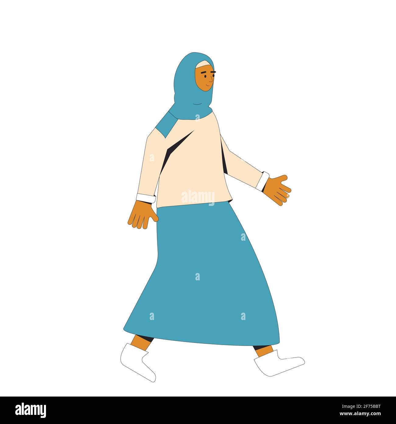 Jeune femme musulmane. Femme adolescente portant dans hijab et vêtements décontractés marchant isolés sur un fond blanc. Illustration de la ligne de couleur vectorielle Illustration de Vecteur