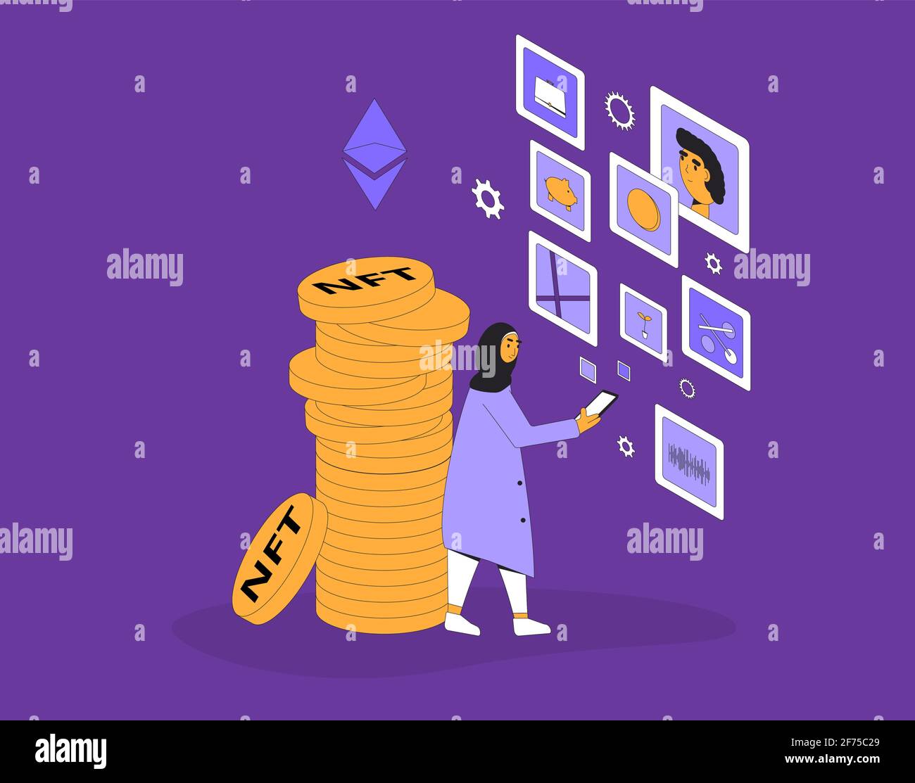 NFT. Jeton non fongible. Illustration de la couleur du vecteur Crypto Art. Illustration de Vecteur