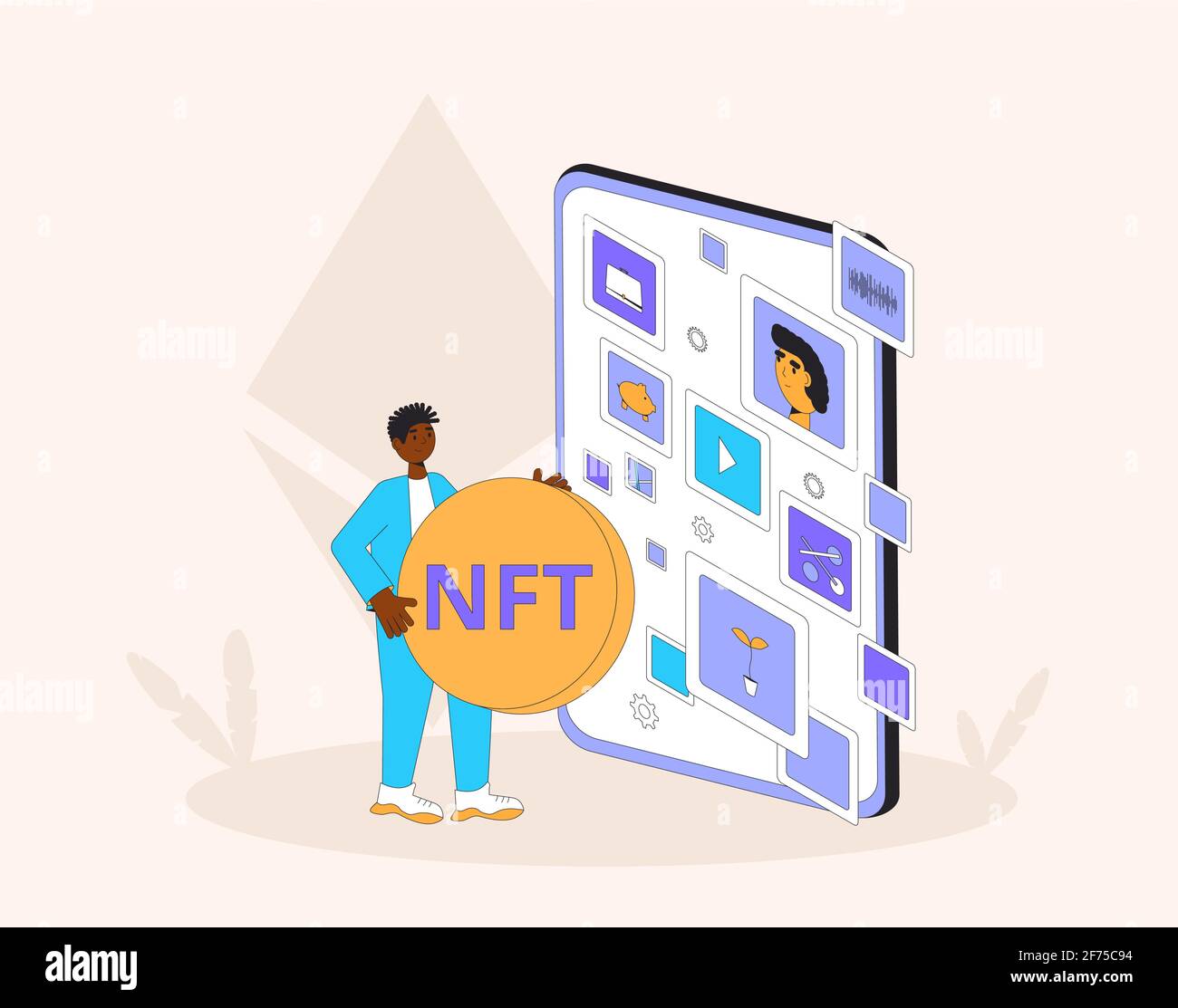 NFT. Jeton non fongible. Illustration de la couleur du vecteur Crypto Art. Illustration de Vecteur